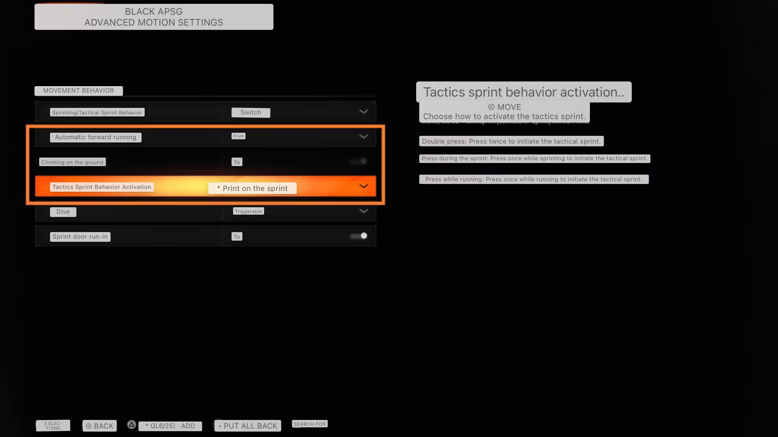 Adjusts the tactical sprint behavior in CoD BO6